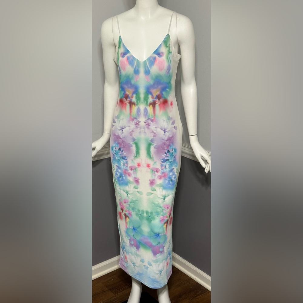 NEW AFRM Alyson Mesh Panel Maxi Dress Blur Blossom Size M Colorful Festival Boho